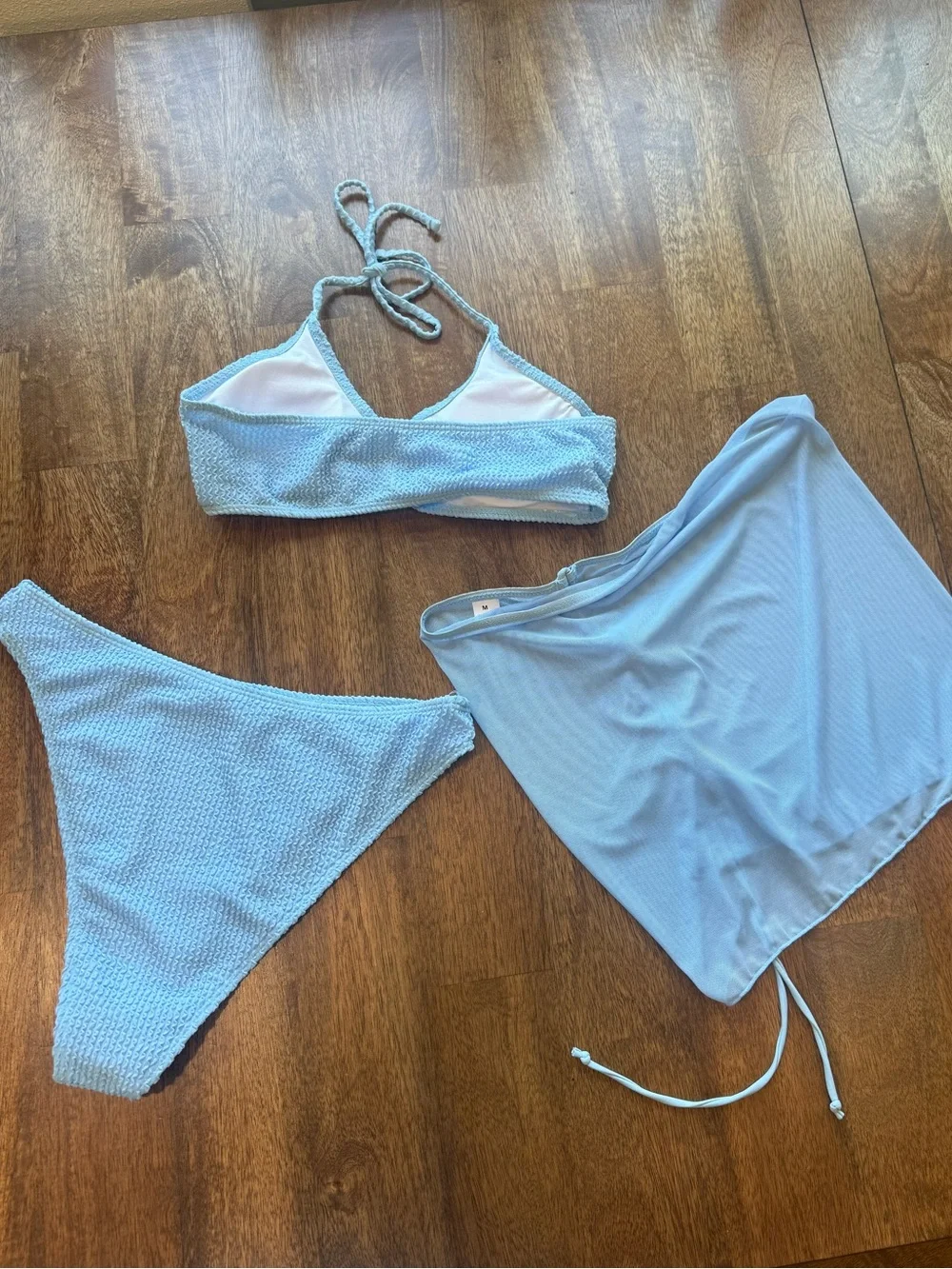 Light Blue Textured Bikini Set with Matching Skirt